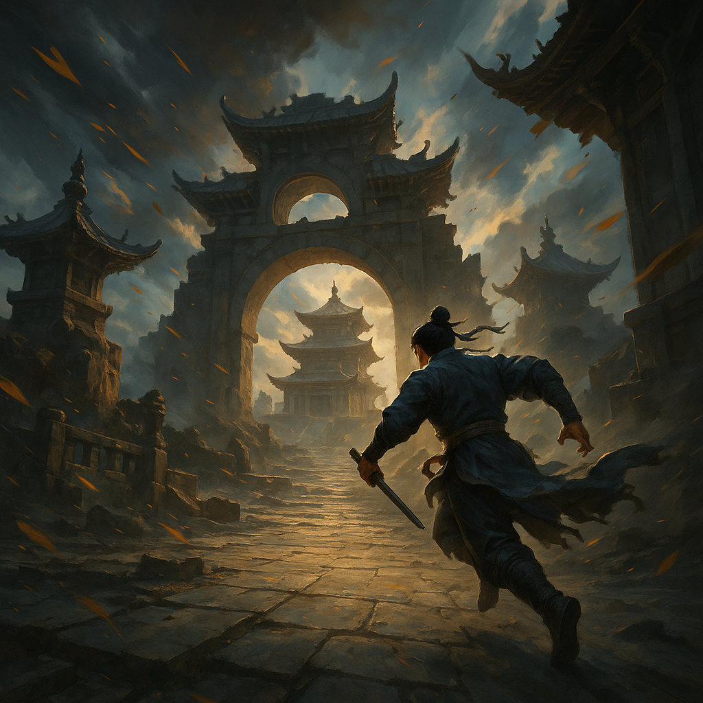 Wuxia swordsman overlooking misty mountains at sunrise