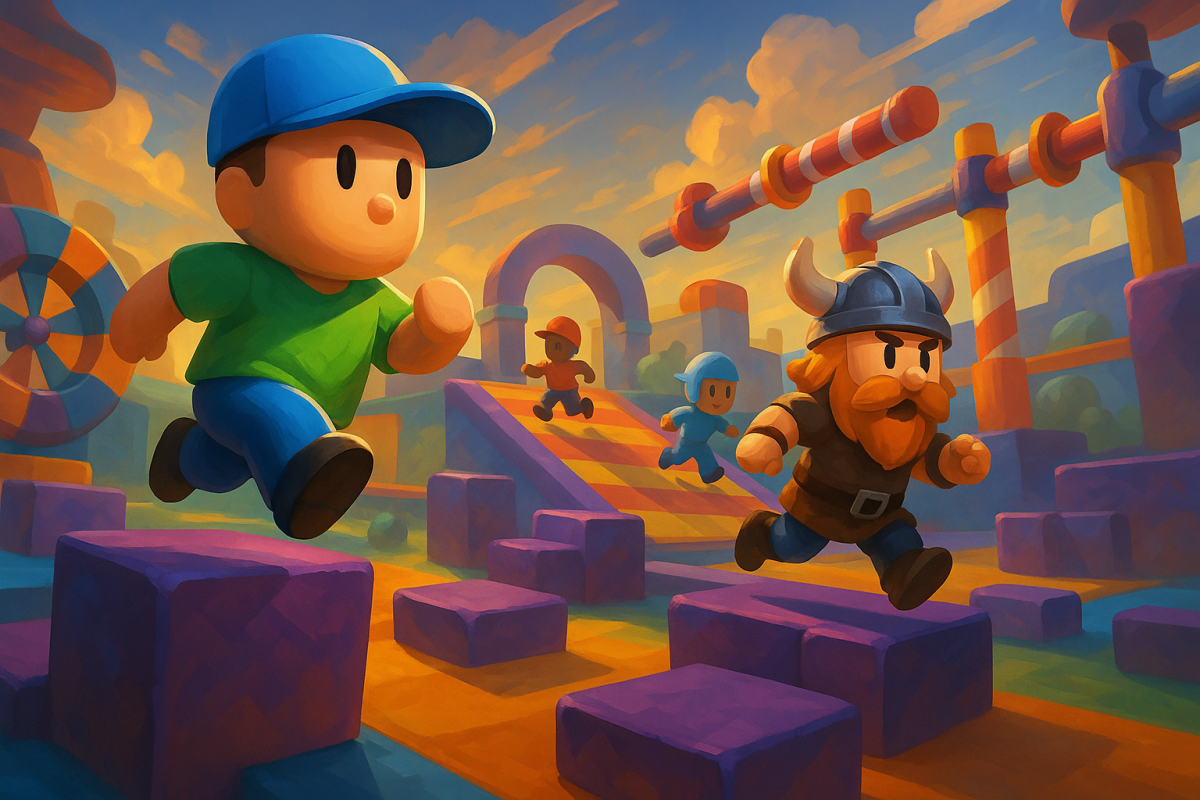 Colorful obstacle course race scene inspired by Stumble Guys Mobile gameplay
