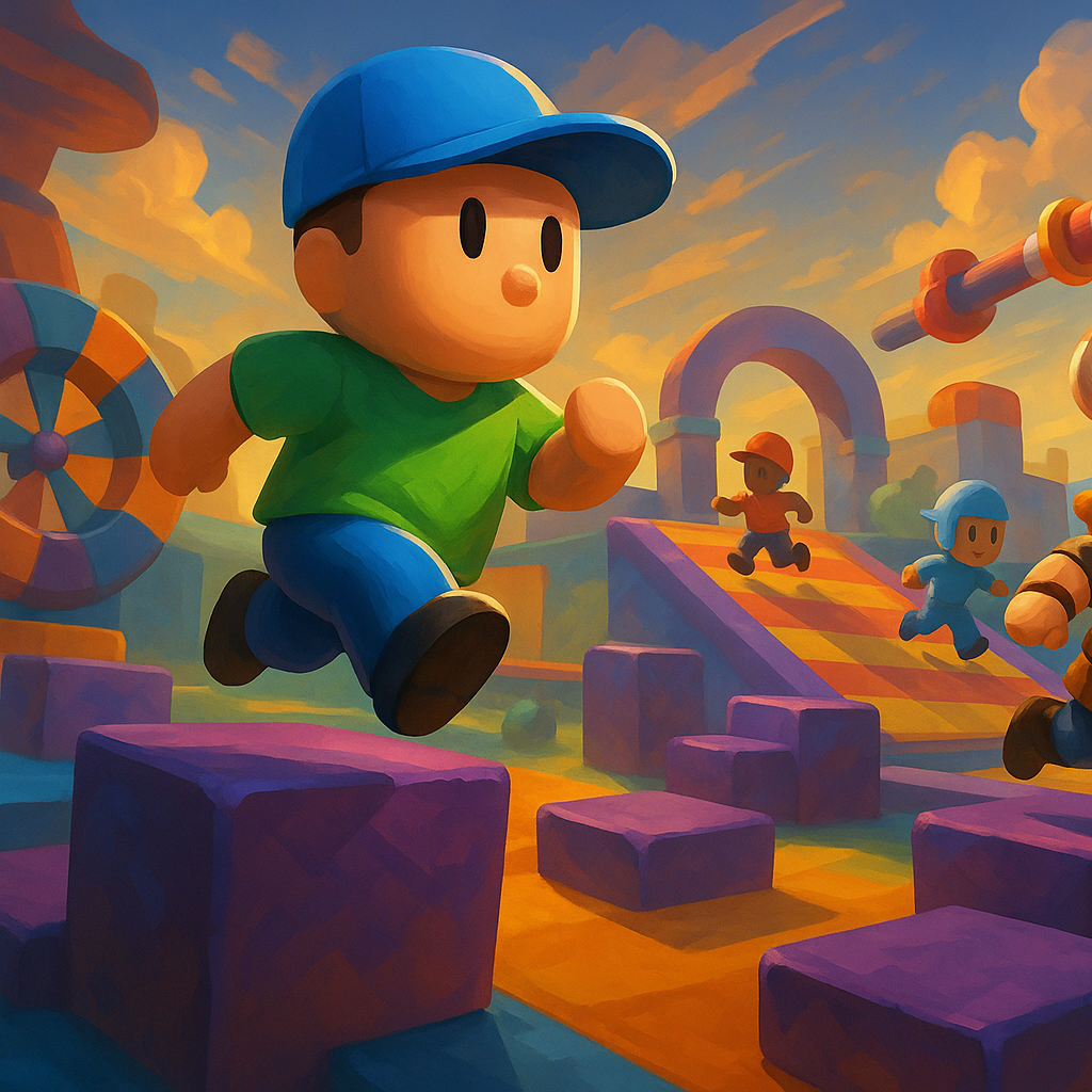 Colorful obstacle course race scene inspired by Stumble Guys Mobile gameplay