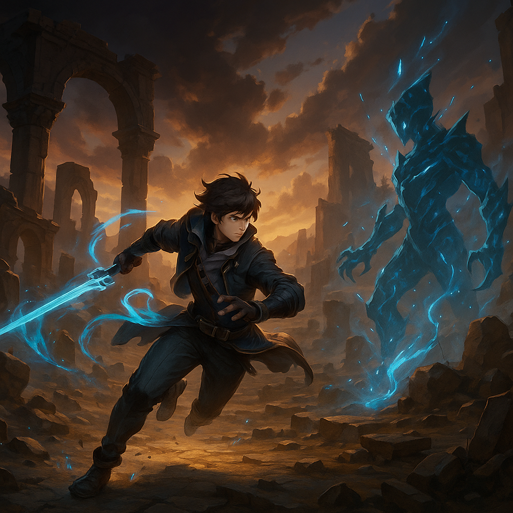 Heroic exploration scene from Wuthering Waves across a vast fantasy landscape