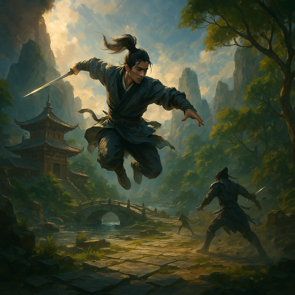 A Wandering Hero Crossing a Misty Valley in Where Winds Meet