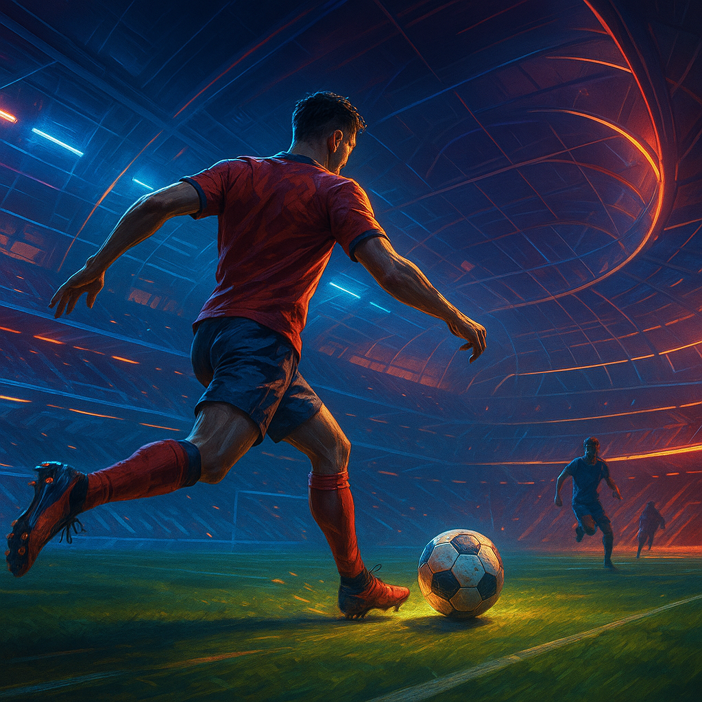 Competitive midfield battle from efootball game under bright stadium lights