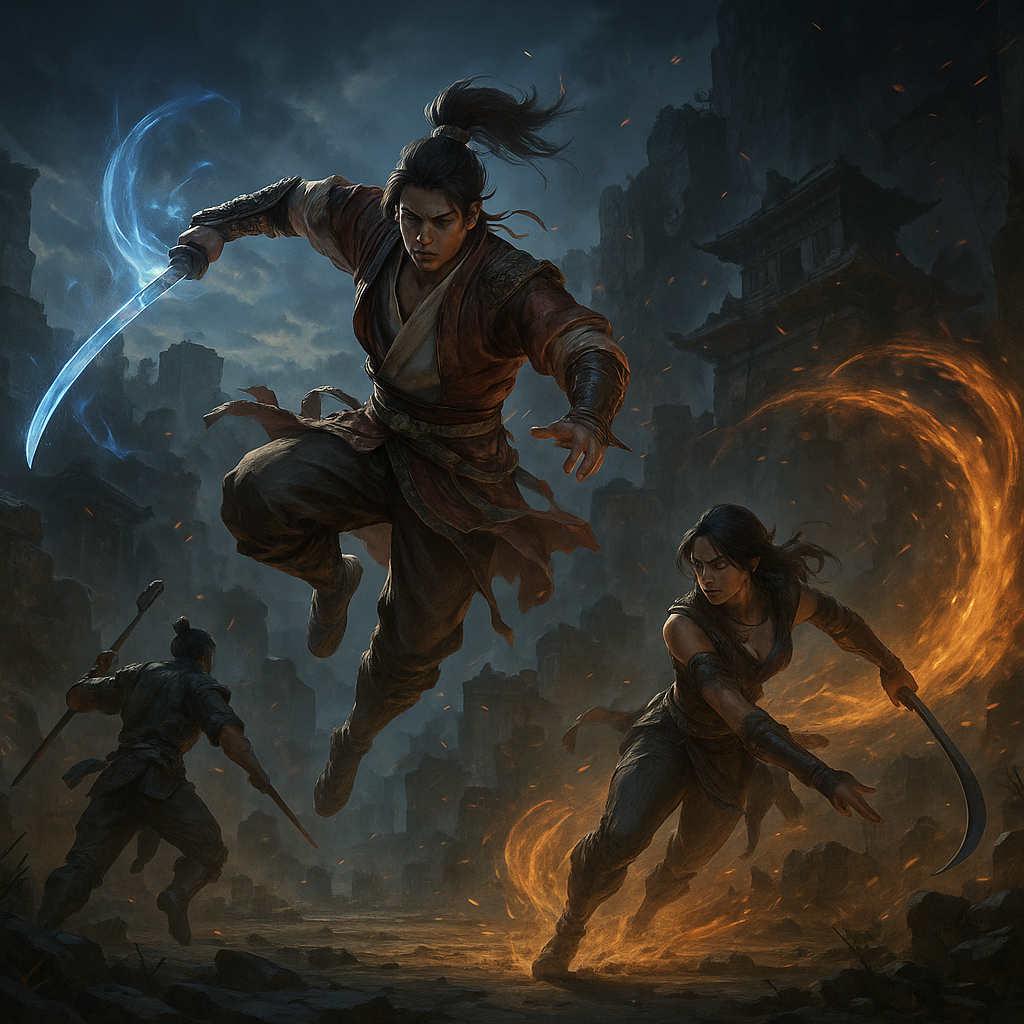 Warriors crossing blades above a moonlit fortress in Naraka Bladepoint