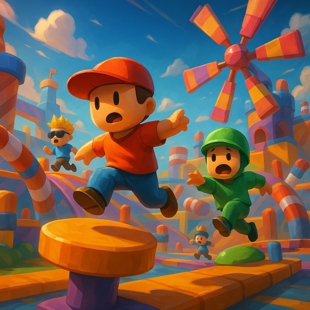 Chaotic obstacle race scene from Stumble Guys Mobile with playful party battle royale energy