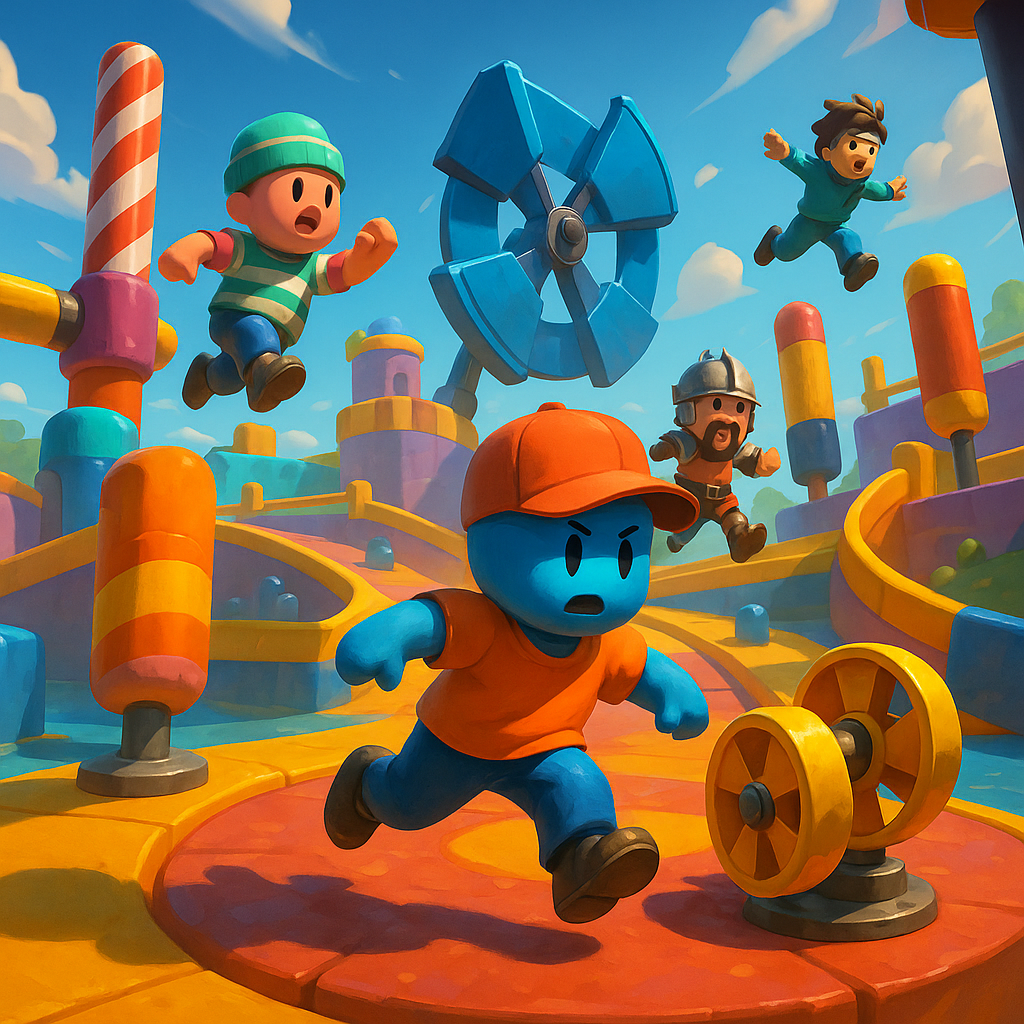 Colorful obstacle race scene from Stumble Guys with players dodging spinning traps