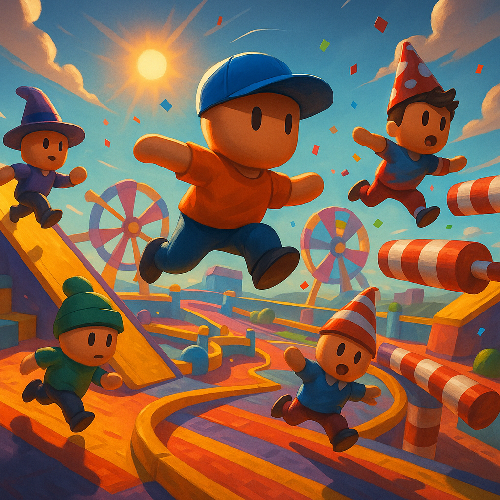 Cartoon racers dashing through bright arenas in Stumble Guys PC