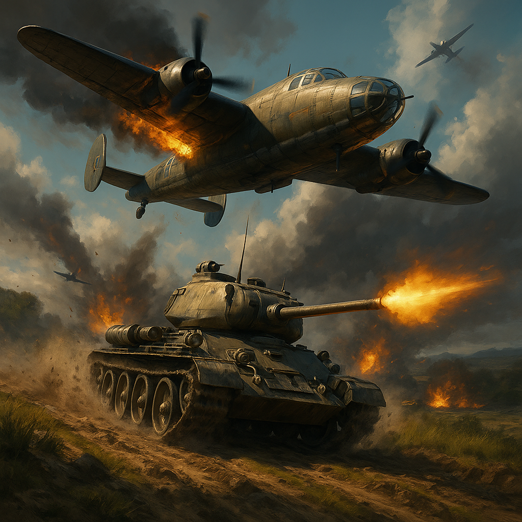 War thunder news scene with bombers tanks and Falklands terrain