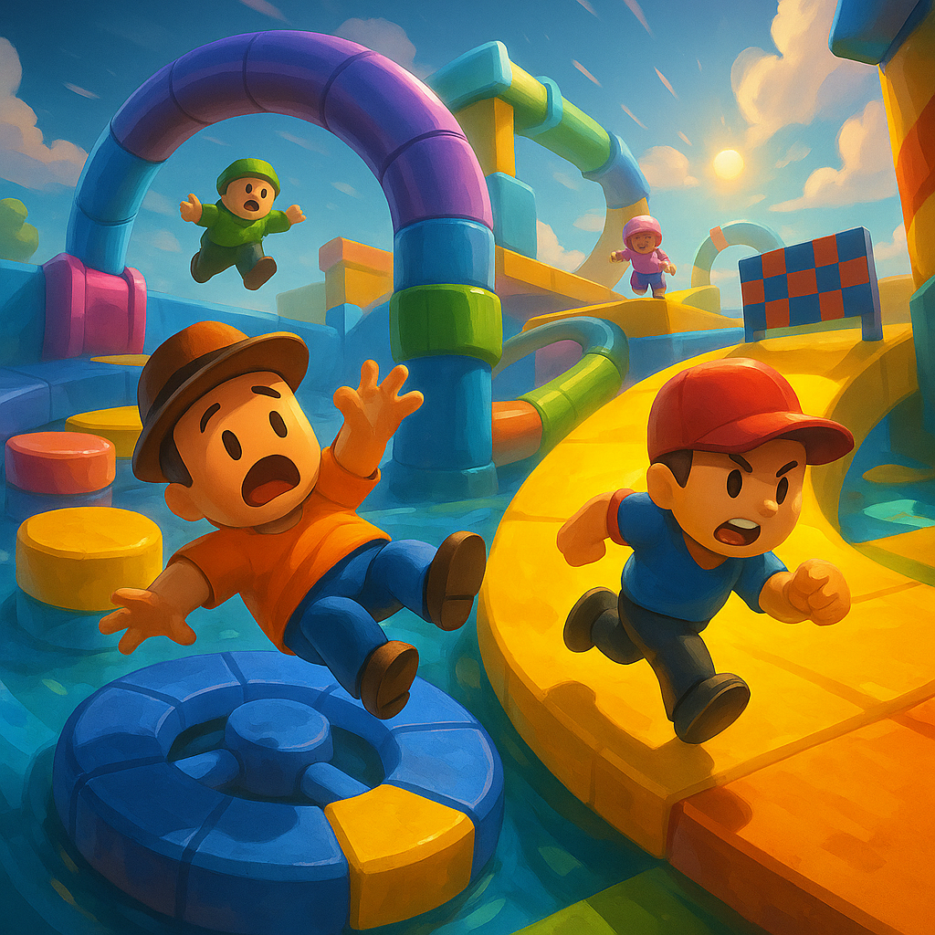 Cartoon racers dodging obstacles in Stumble Guys Web match