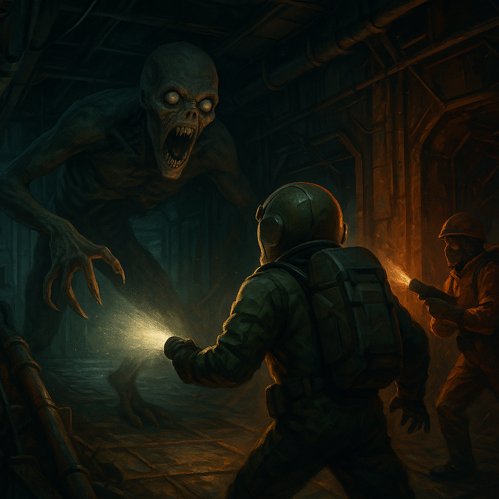 Salvage crew hiding from lethal company monsters in a dark facility